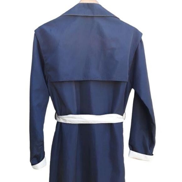 Vtg 80's Womens 6L‎ Trench Coat Long Belted Sailor Back Color Block Black Cream - Picture 9 of 13